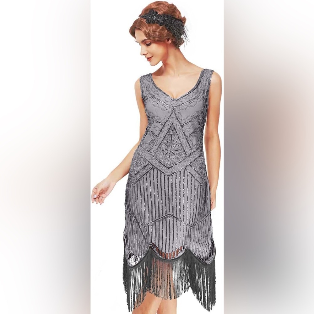 Vijiv 1920s Gatsby Flapper Dresses With Sleeves Sequin Art Deco Cocktail Dress
